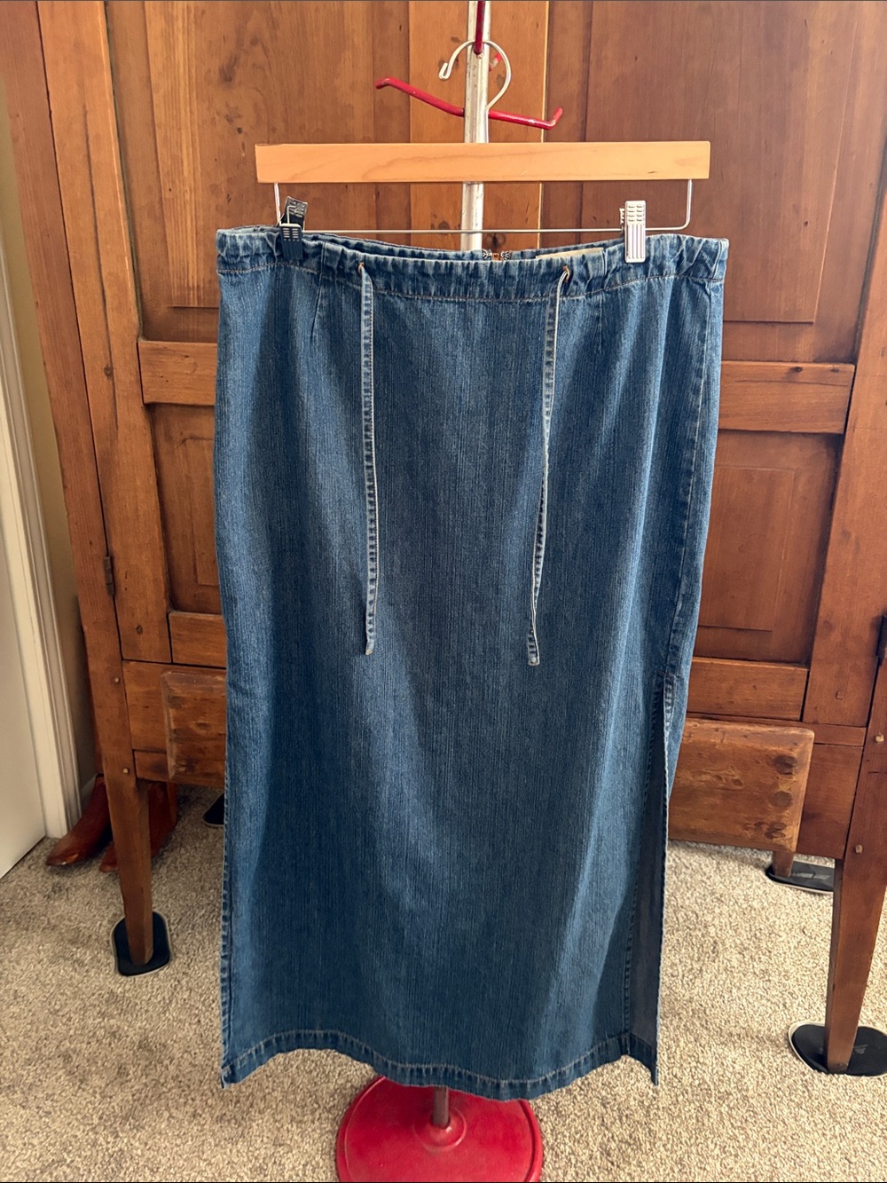 VINTAGE LONDONJEAN Blue Denim Drawstring Maxi Skirt High Side Slits